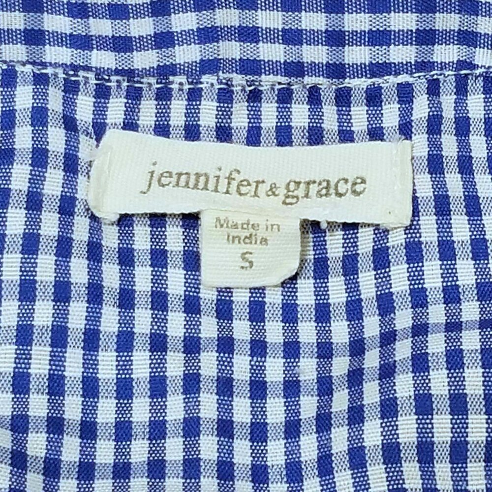 Top, Blouse. Blue & White Gingham. Embroidered. Jennifer & Grace. - Picture 15 of 16